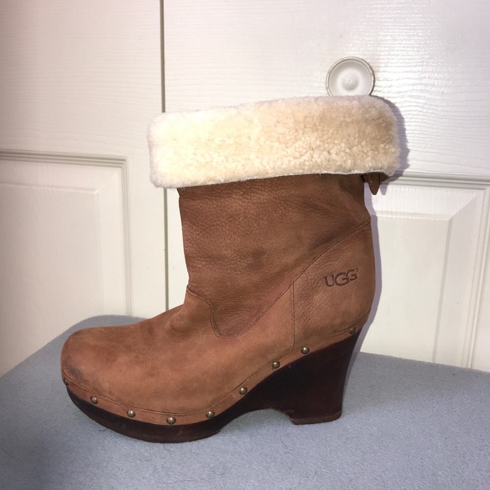UGG Chestnut Suede Wedge Boot with Cream Shearling Cuff